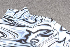 Ripple print contrast high neck short sleeve mini dress