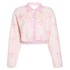 Fluffy contrast button turnover collar long sleeve coat top