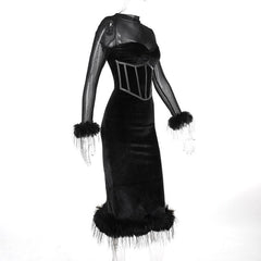 Long sleeve feather velvet mesh patchwork slit high neck midi dress