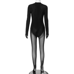 Gloves long sleeve mesh patchwork solid zip-up jumpsuit