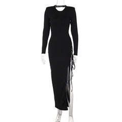 Lace up irregular long sleeve hollow out backless maxi dress