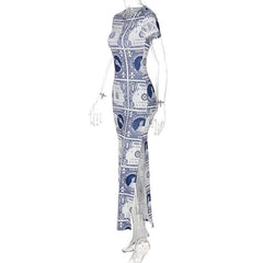 Print crewneck short sleeve slit midi dress