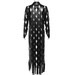 Turnover collar hollow out PU leather long sleeve coat top