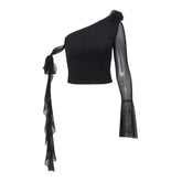 Long flared sleeve one shoulder mesh flower applique backless top