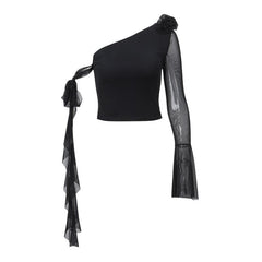 Long flared sleeve one shoulder mesh flower applique backless top