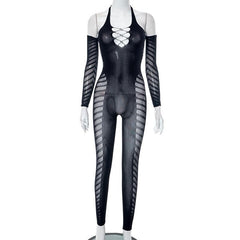 Beaded fishnet off shoulder halter hollow out long sleeve jumpsuit