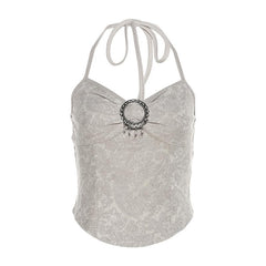 Halter buckle v neck backless ruched abstract contrast top