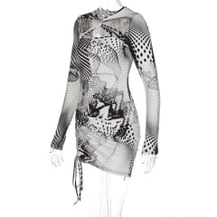 Long sleeve cross front print ruched drawstring dress