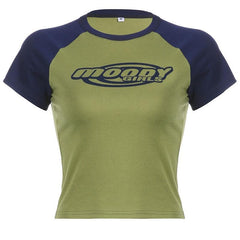 Patchwork contrast short sleeve crewneck "moody" pattern crop top