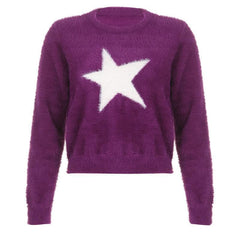 Fluffy star pattern contrast long sleeve crewneck top