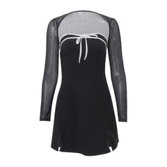 Long sleeve bowknot mesh shrug slit zip-up glitter 2 piece mini dress