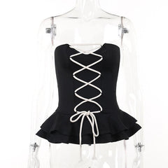 Lace up contrast ruffle corset notch neck tube crop top