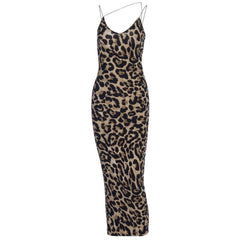 Leopard print contrast spaghetti strap u neck backless midi dress