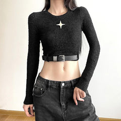 Textured star applique long sleeve buckle crop top