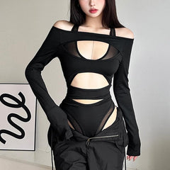 PRE ORDER - Hollow out solid long sleeve off shoulder mesh bodysuit