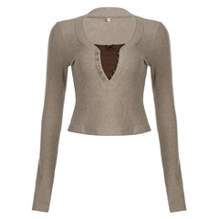 Button contrast patchwork long sleeve top