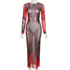 Long sleeve contrast sheer mesh see through midi dress