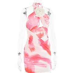 Flower applique cross front ruched contrast self tie mini dress