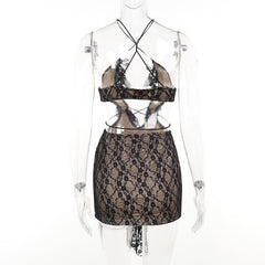 Cross front backless hollow out lace hem contrast mini dress