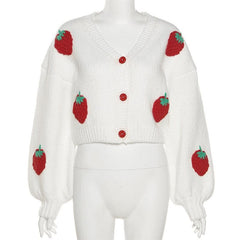 Button long sleeve v neck knitted strawberry applique cardigan top