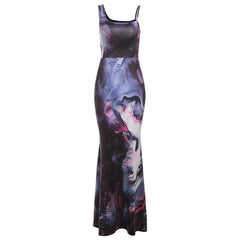 Contrast print irregular sleeveless backless maxi dress
