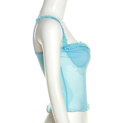 Sweetheart neck mesh bowknot backless ruffle lace hem cami top