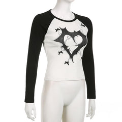 Heart pattern long sleeve patchwork contrast top