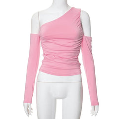 Long sleeve one shoulder irregular ruched solid top