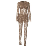 Long sleeve ruched lace zip-up see through 2 piece jumpsuit
