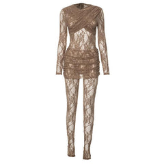 Long sleeve ruched lace zip-up see through 2 piece jumpsuit