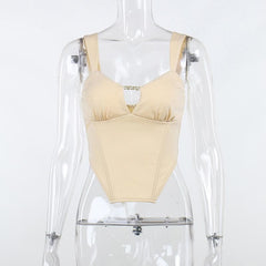 Sleeveless solid metal tag notch neck backless crop top