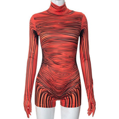 Striped zip-up contrast high neck long sleeve romper