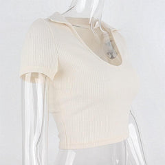 Turnover collar ribbed solid short sleeve crop top