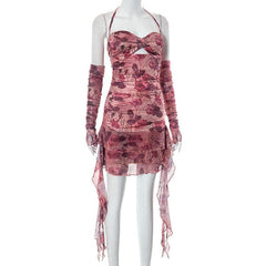 Flower print contrast gloves buckle ruched halter backless ruffle mini dress