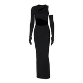 Long sleeve gloves irregular hollow out crewneck maxi dress