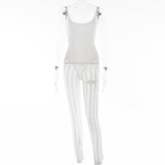 Crochet solid sleeveless hollow out backless low cut jumpsuit