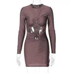Long sleeve solid ruched o ring hollow out mini dress