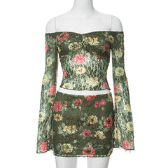 Long sleeve off shoulder flower print lace contrast mini skirt set