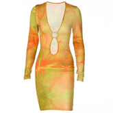 Long sleeve hollow out deep v neck ring mini dress