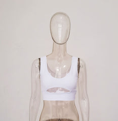 Double layered U neck low cut hollow out solid crop top