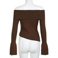 Knitted long flared sleeve buckle off shoulder slit top