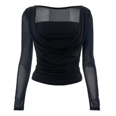 Ruched long sleeve mesh solid square neck top
