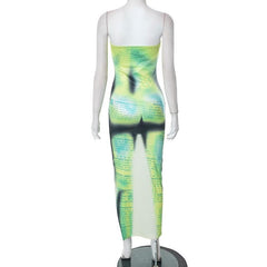 Letter print contrast slit backless sleeveless tube maxi dress