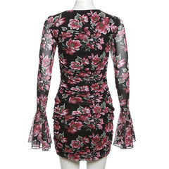 Flower print contrast hollow out long flared sleeve mini dress