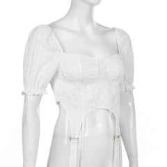 Solid square neck embroidered puff short sleeve crop top