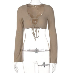 Ribbed drawstring self tie v neck flared long sleeve crop top