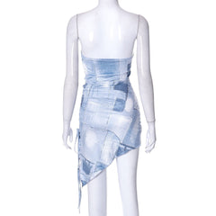 Denim print irregular ruched backless contrast tube mini dress