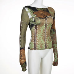 Flower print long sleeve contrast round neck top