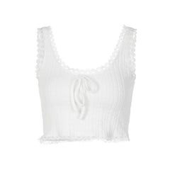 Textured lace hem solid u neck sleeveless crop top