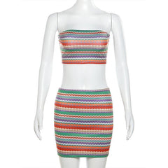 Striped contrast backless tube mini skirt set